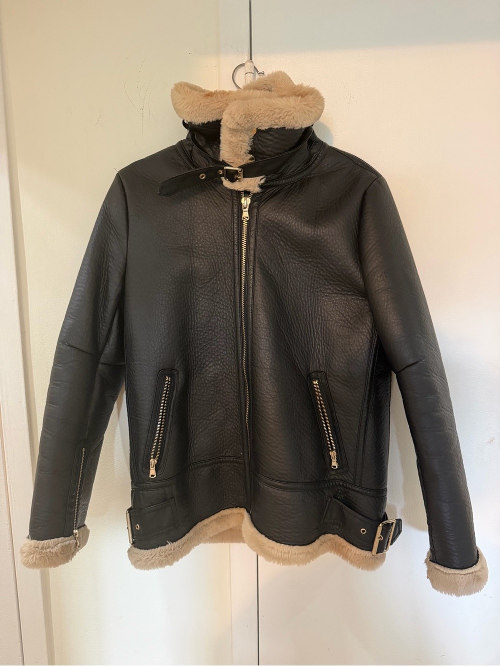 Zara vegan leather Moto Jacket with Cream Shearling Trim